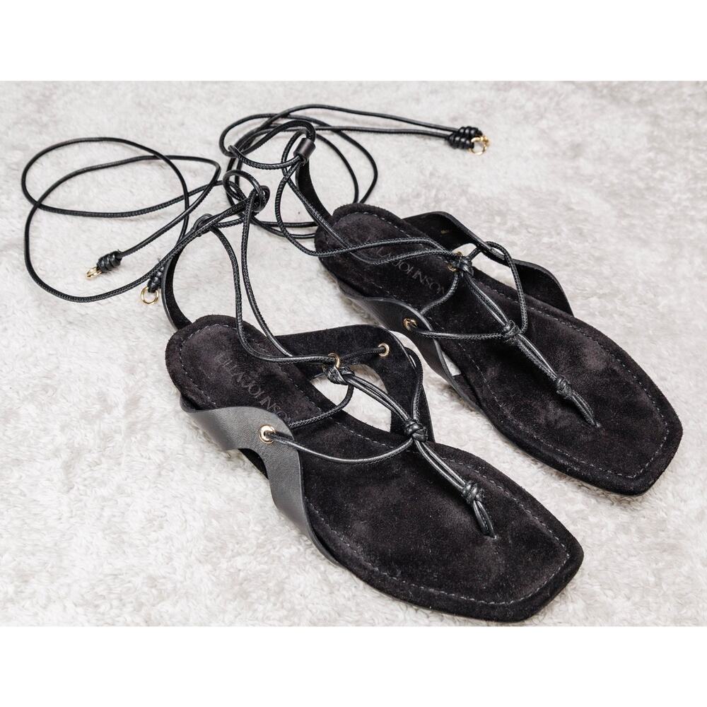 Ulla Johnson Romina Black Suede Leather Lace Up Flat Sandals Womens EU 38 US 7